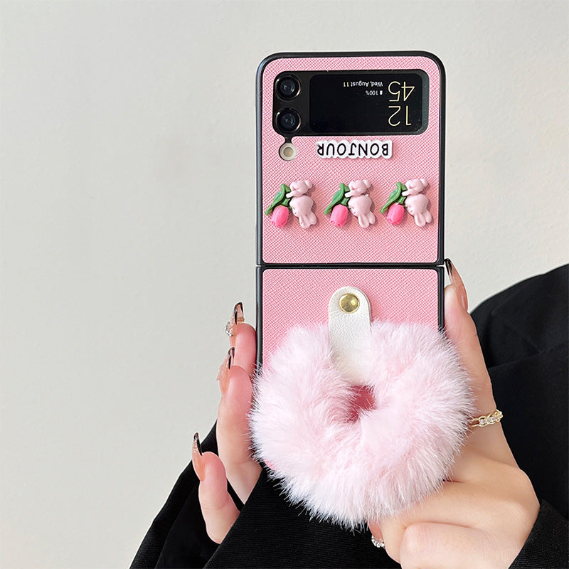 Luxuriöse Handyhülle mit Kaninchen- und Blumenmotiv und Plüsch-Handschlaufe für Samsung Galaxy Z Flip 4 3 5G 