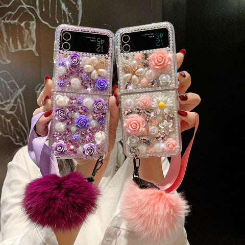 Luxury Full Pearl Diamond Flower Shockproof Phone Cover with Pompom for Samsung Galaxy Z Flip 4 3 5G