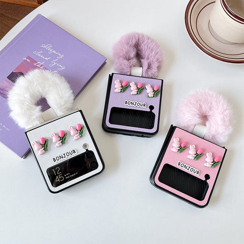 Luxury Rabbit and Flower Phone Case with Plush Wrist Strap for Samsung Galaxy Z Flip 4 3 5G