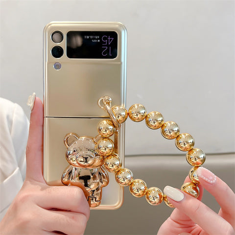 6D Plating Bear Hidden Stand Foldable Phone Case with Beaded Hand Strap for Samsung Galaxy Z Flip