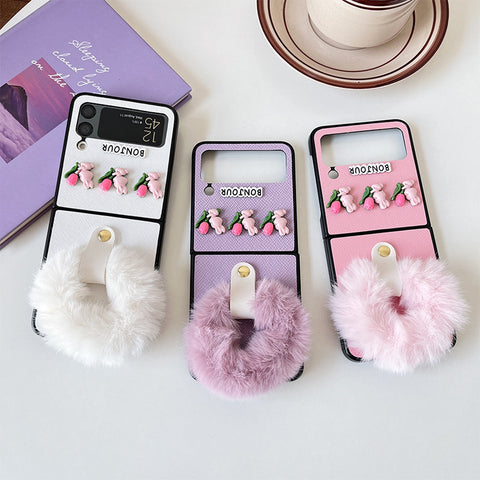 Luxuriöse Handyhülle mit Kaninchen- und Blumenmotiv und Plüsch-Handschlaufe für Samsung Galaxy Z Flip 4 3 5G 