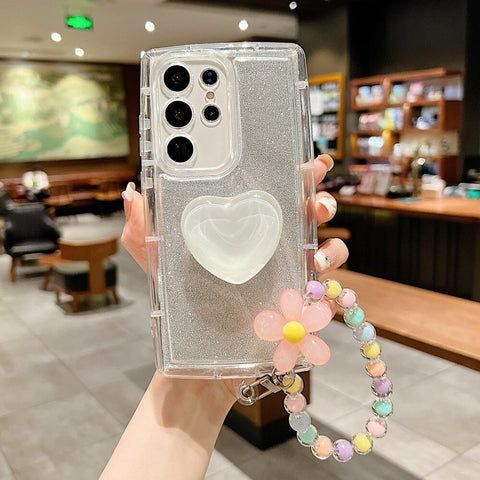 2023 Neueste Clear Heart Bracket Seifenhülle für Samsung mit Perlenblumenarmband