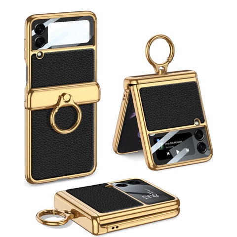Magnetic Hinge Hard Plating Leather Case with Ring Holder for Samsung Galaxy Z Flip 4 3 5G