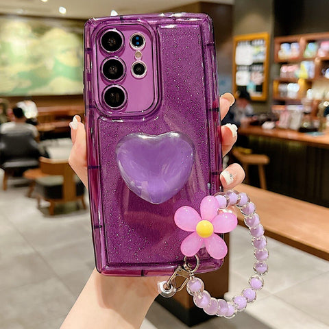 2023 Newest Clear Heart Bracket Soap Case For Samsung With Bead flower Bracelet
