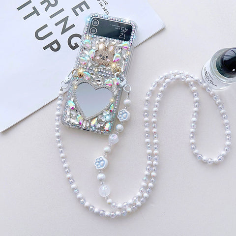 Luxuriöse, stoßfeste Handyhülle mit Diamanten, Spiegel und Umhängekette für Samsung Galaxy Z Flip 4 3 5G