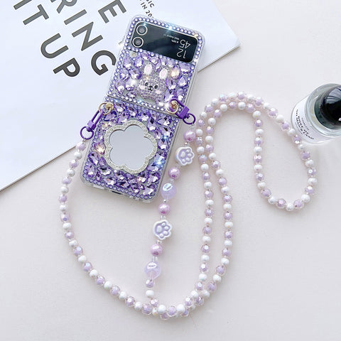 Luxury Diamonds Shockproof Phone Case with Mirror and Crossbody Chain for Samsung Galaxy Z Flip 4 3 5G