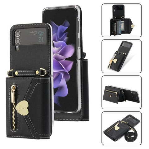 Fashion Love Buckle Zipper Wallet Case with Crossbody Shoulder Strap for Samsung Z Flip 4 3 5G