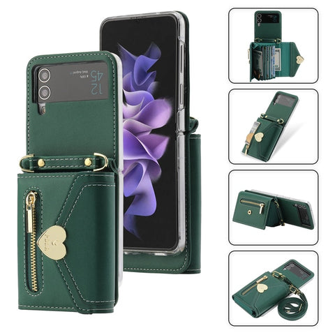Fashion Love Buckle Zipper Wallet Case with Crossbody Shoulder Strap for Samsung Z Flip 4 3 5G