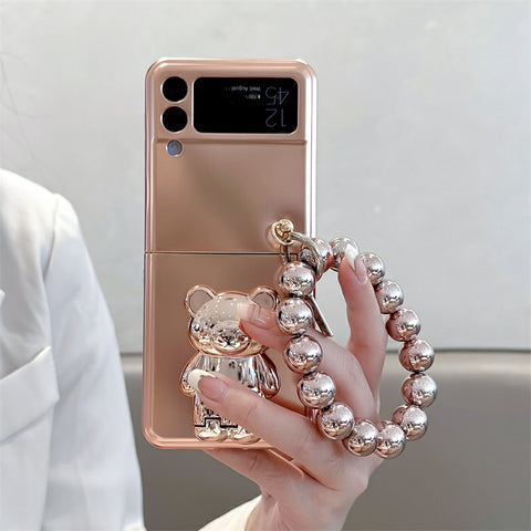 6D Plating Bear Hidden Stand Foldable Phone Case with Beaded Hand Strap for Samsung Galaxy Z Flip